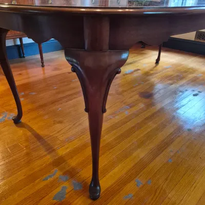 LOT 365D: Vintage Mahogany Dining Table with Six Custom Teacup Upholstered Chairs & 18" Leaf