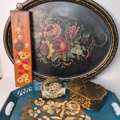LOT 364D: Vintage Metal Toleware Trays, Folk Art Wall Hanging, Brass Box by Colony Metalsmiths of Virginia & More