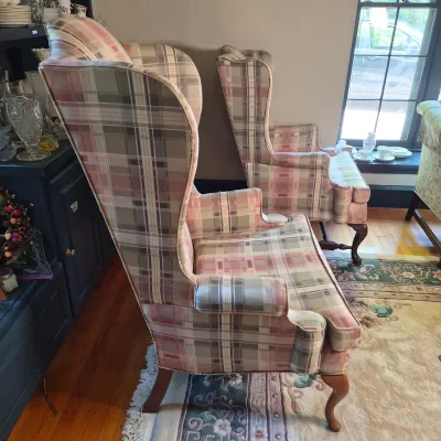 LOT 353L: Matching Upholstered His & Hers Highback Wing Chairs and Footstool