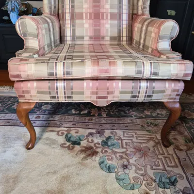 LOT 353L: Matching Upholstered His & Hers Highback Wing Chairs and Footstool