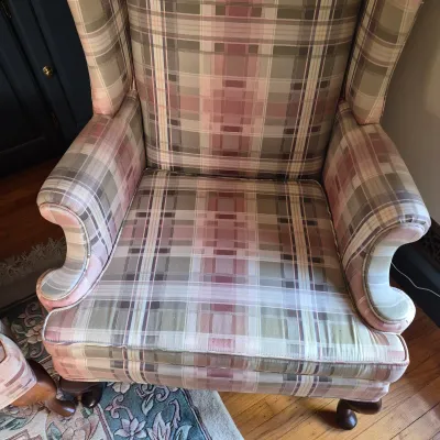 LOT 353L: Matching Upholstered His & Hers Highback Wing Chairs and Footstool