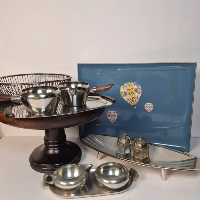 LOT 357K: Vintage MCM Silverama Dish, Teak Handled Set from Denmark, Royal Holland Pewter Set, Otagiri Hot Air Balloon Tray & More