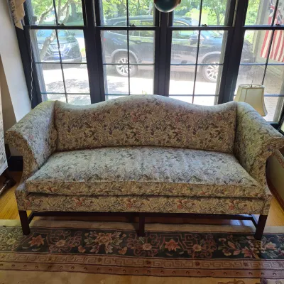 LOT 351L: Vintage Floral Tapestry Upholstered Camelback Sofa