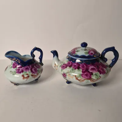 LOT 356K: Limoges Egg Trinket Box, Antique Reticulated Plate in Shadowbox Frame, Hand painted Tea Pot & Creamer