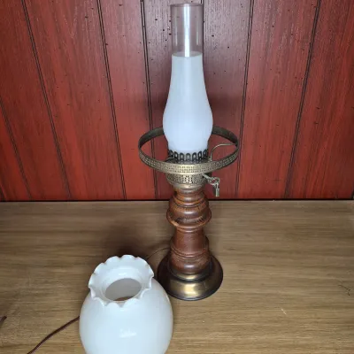 LOT 367B: Vintage Hurricane Lamp with Wood Base and Milk Glass Shade