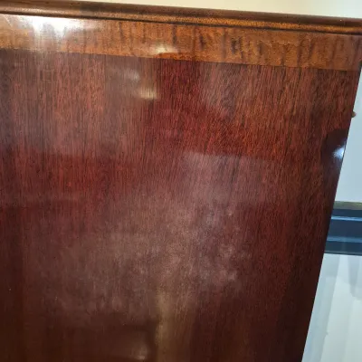 LOT 365D: Vintage Mahogany Dining Table with Six Custom Teacup Upholstered Chairs & 18" Leaf