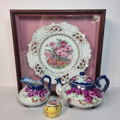 LOT 356K: Limoges Egg Trinket Box, Antique Reticulated Plate in Shadowbox Frame, Hand painted Tea Pot & Creamer
