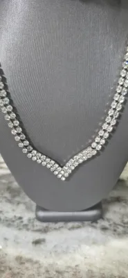 Rhinestone Necklace with a wide "V" 3 rows & Expandable 3 row Bracelet