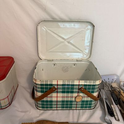 Two Tin Picnic Baskets and Utensils (BR2-BM)
