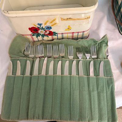 Two Tin Picnic Baskets and Utensils (BR2-BM)