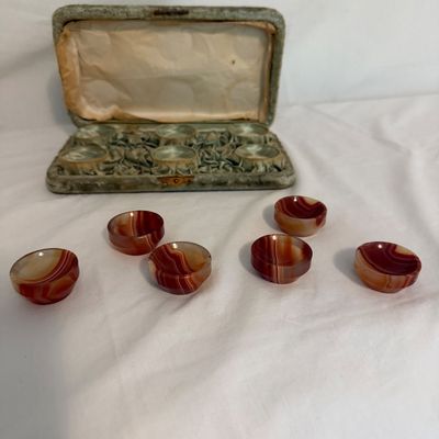 Set of Six Agate Cups with Sterling Silver Sugar Tongs (BR2-BM)
