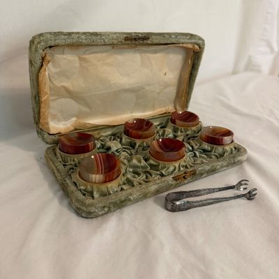 Set of Six Agate Cups with Sterling Silver Sugar Tongs (BR2-BM)
