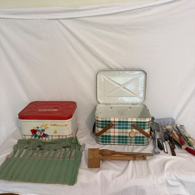 Two Tin Picnic Baskets and Utensils (BR2-BM)