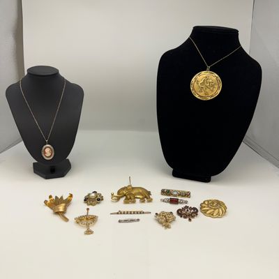 14k Pins, Trifari Brooches, with 10K Chain and More (ST-BM)