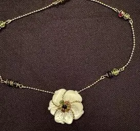 14K YG Beautiful MOP Fixed Jeweled Flower Pendant On 17" Ball Bead Necklace, Multiple Gemstone Stations- Italy