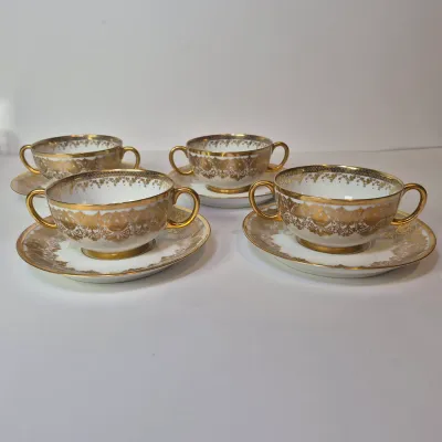 LOT 45L: Set of Six Jean Pouyat Limoges Bouillon Cups with Saucers-4 All Gold Pattern & 2 with Green Rim