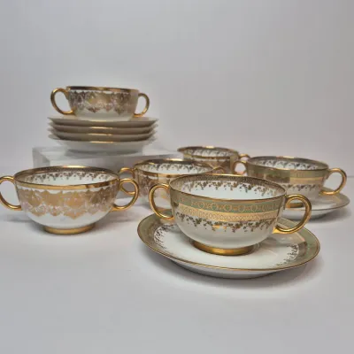 LOT 45L: Set of Six Jean Pouyat Limoges Bouillon Cups with Saucers-4 All Gold Pattern & 2 with Green Rim