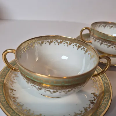 LOT 45L: Set of Six Jean Pouyat Limoges Bouillon Cups with Saucers-4 All Gold Pattern & 2 with Green Rim