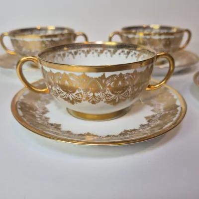 LOT 45L: Set of Six Jean Pouyat Limoges Bouillon Cups with Saucers-4 All Gold Pattern & 2 with Green Rim