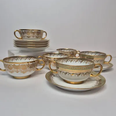 LOT 45L: Set of Six Jean Pouyat Limoges Bouillon Cups with Saucers-4 All Gold Pattern & 2 with Green Rim