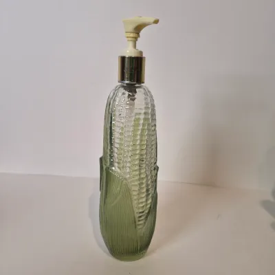 LOT 21D: Collection of Vintage Glass Bottles with Corn Cob Soap Dispenser
