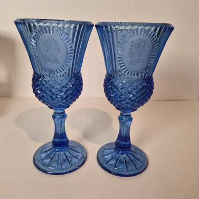 LOT 20D: Vintage Glass "Lady with Two Scottie Dogs" Large Figurine, Viking Platter, George & Martha Washington Goblets,...