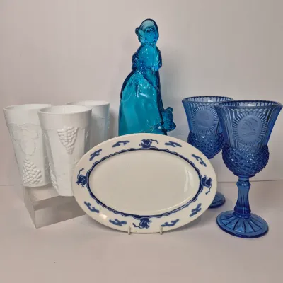 LOT 20D: Vintage Glass "Lady with Two Scottie Dogs" Large Figurine, Viking Platter, George & Martha Washington Goblets,...