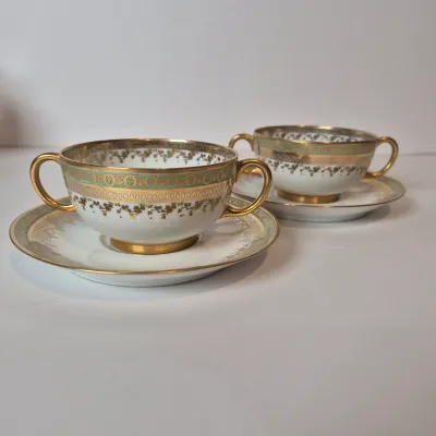 LOT 45L: Set of Six Jean Pouyat Limoges Bouillon Cups with Saucers-4 All Gold Pattern & 2 with Green Rim