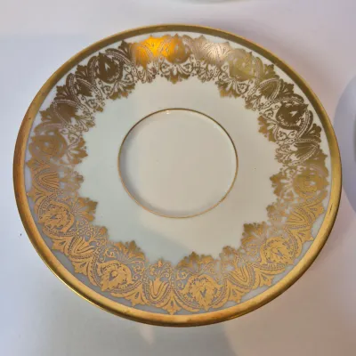 LOT 45L: Set of Six Jean Pouyat Limoges Bouillon Cups with Saucers-4 All Gold Pattern & 2 with Green Rim