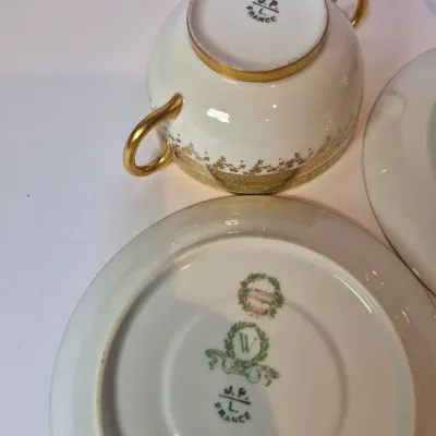 LOT 45L: Set of Six Jean Pouyat Limoges Bouillon Cups with Saucers-4 All Gold Pattern & 2 with Green Rim