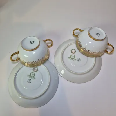 LOT 45L: Set of Six Jean Pouyat Limoges Bouillon Cups with Saucers-4 All Gold Pattern & 2 with Green Rim
