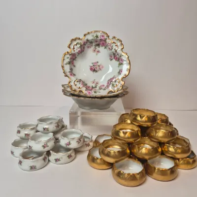 LOT 46L: Large Collection of Porcelain Salt Cellars & Set of Antique Limoges Floral Dishes