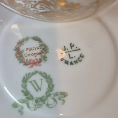 LOT 45L: Set of Six Jean Pouyat Limoges Bouillon Cups with Saucers-4 All Gold Pattern & 2 with Green Rim