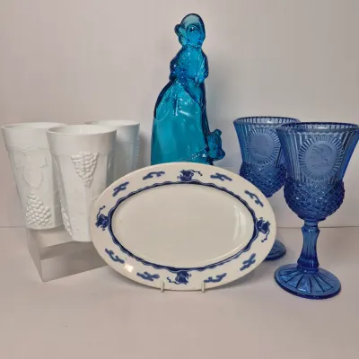 LOT 20D: Vintage Glass "Lady with Two Scottie Dogs" Large Figurine, Viking Platter, George & Martha Washington Goblets,...
