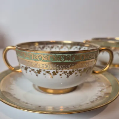 LOT 45L: Set of Six Jean Pouyat Limoges Bouillon Cups with Saucers-4 All Gold Pattern & 2 with Green Rim