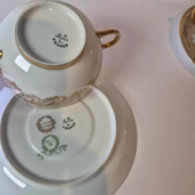 LOT 45L: Set of Six Jean Pouyat Limoges Bouillon Cups with Saucers-4 All Gold Pattern & 2 with Green Rim