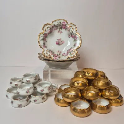 LOT 46L: Large Collection of Porcelain Salt Cellars & Set of Antique Limoges Floral Dishes