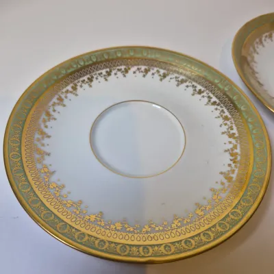LOT 45L: Set of Six Jean Pouyat Limoges Bouillon Cups with Saucers-4 All Gold Pattern & 2 with Green Rim