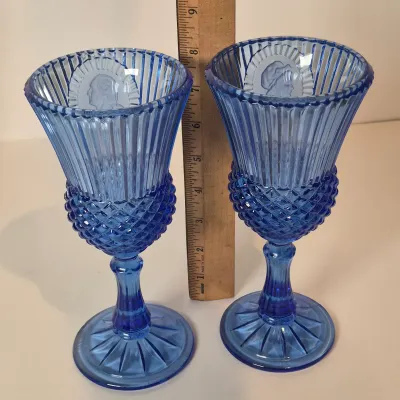LOT 20D: Vintage Glass "Lady with Two Scottie Dogs" Large Figurine, Viking Platter, George & Martha Washington Goblets,...