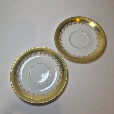 LOT 45L: Set of Six Jean Pouyat Limoges Bouillon Cups with Saucers-4 All Gold Pattern & 2 with Green Rim