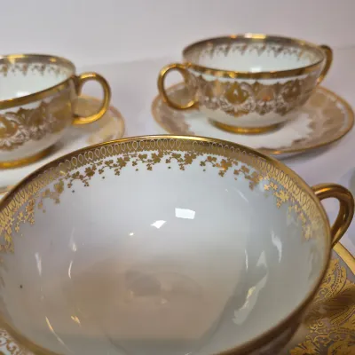 LOT 45L: Set of Six Jean Pouyat Limoges Bouillon Cups with Saucers-4 All Gold Pattern & 2 with Green Rim