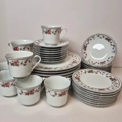 LOT 16L: Vintage Sheffield Anniversary Floral Pattern China-Service for 8-missing one cup