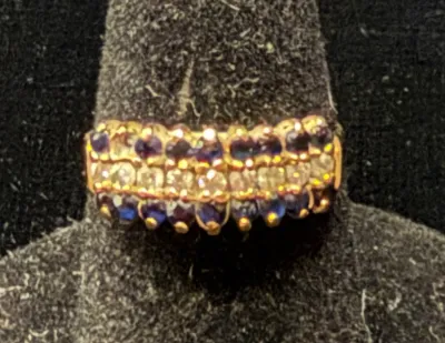 14K YG Beautiful Diamond And Sapphire Three Row Cocktail Ring- Size 5.5