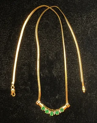 14K YG Attractive Oval Cut Emeralds & Diamond Bar Pendant