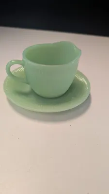 1940's Rare Vintage Fire King Jadeite Creamer & Plate, Jane Ray Design