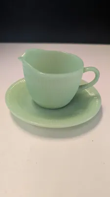 1940's Rare Vintage Fire King Jadeite Creamer & Plate, Jane Ray Design