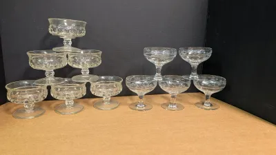Tiffin Glass Clear Kings Crown Seamed Champagne Glasses & Vintage Crystal Etched Champagne Coupe Glasses Starflower Design