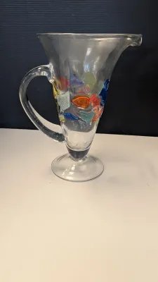 10" Vintage Hand Blown Multi Colored Mosaic Art Glass Pitcher