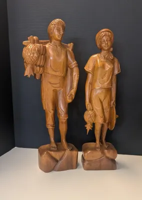 Made In The Philippines Vintage 18" Hand Carved Solid Wooden Statues Man/Woman Set