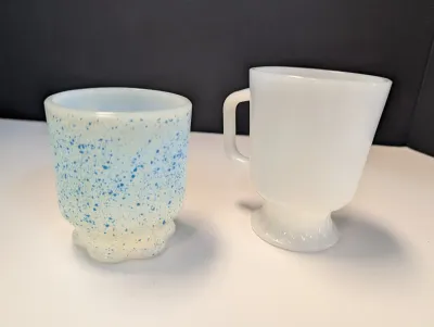 Anchor Hocking Fire King Blue Speckled Stacking Coffee Cup Mug & Fire King Anchor Hocking Milk Glass Mug w/ D Handle